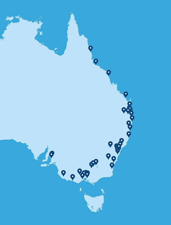 Map of Australia showing ILS showroom locations across the eastern and southern states
